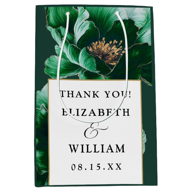 Emerald Green Gold Floral Modern Wedding Thank You Medium Gift Bag (Front)
