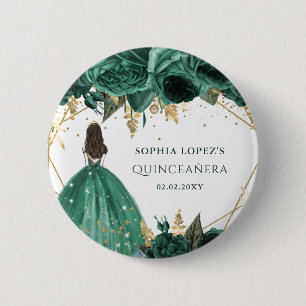 Emerald Green Gold Floral Princess Quinceanera   2 Inch Round Button