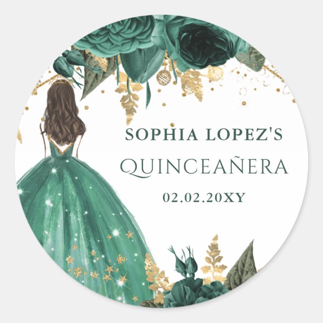Emerald Green Gold Floral Princess Quinceanera   Classic Round Sticker (Front)