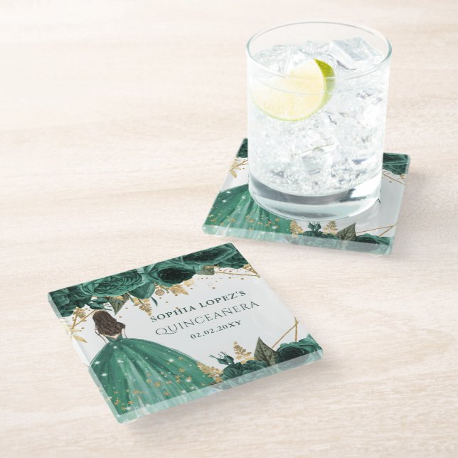Emerald Green Gold Floral Princess Quinceanera  Glass Coaster (Angled)