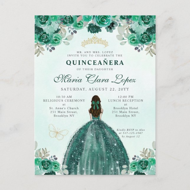 Emerald Green Gold Floral Princess Quinceañera Postcard (Front)