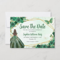 Emerald Green Gold Floral Princess Quinceañera
