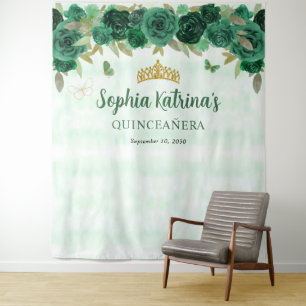Emerald Green Gold Floral Princess Quinceañera Tapestry