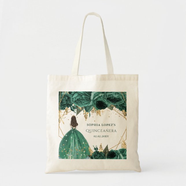 Emerald Green Gold Floral Princess Quinceanera   Tote Bag (Front)