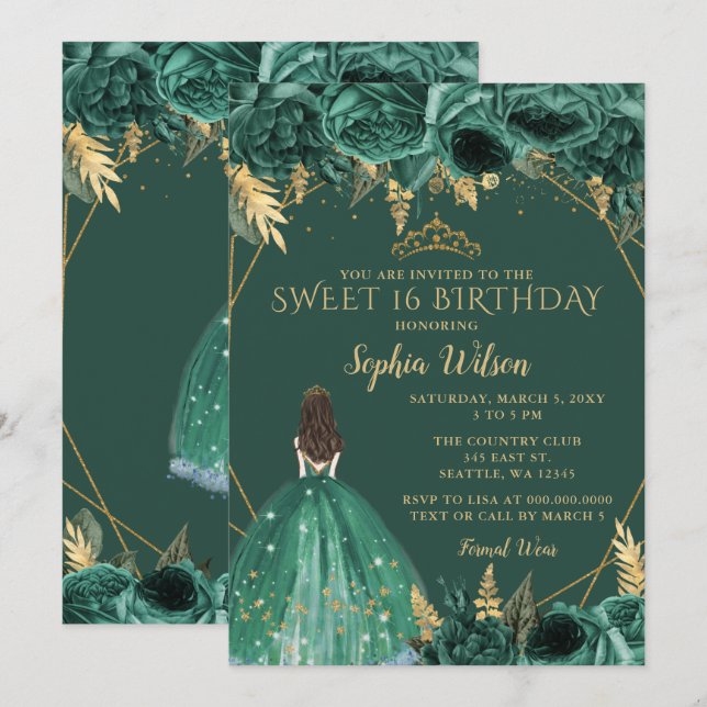 Emerald Green Gold Floral Princess Sweet 16 Invitation (Front/Back)