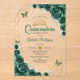Emerald Green Gold Floral Quinceanera 01 Acrylic Invitations