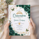 Emerald Green Gold Floral Quinceanera Invitation<br><div class="desc">Emerald green,  gold and white Quinceanera celebration invitation. Features,  script font,  gold butterflies,  watercolor green roses and tiara. Perfect for an elegant princess style glam celebration. Personalize with your own details. Printed Zazzle invitations or instant download digital printable template.</div>