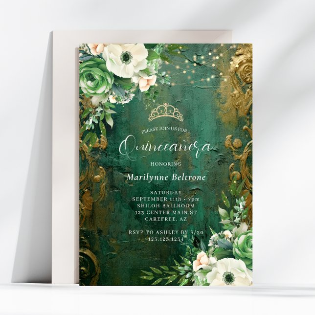Emerald Green Gold Floral Quinceañera Invitation (Creator Uploaded)