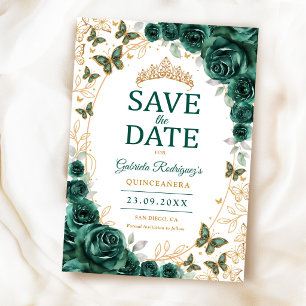 Emerald Green Gold Floral Quinceanera Save The Date