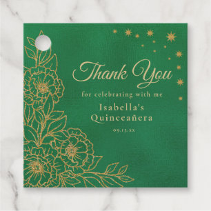 Emerald Green Gold Floral Quinceañera Thank You Favour Tags