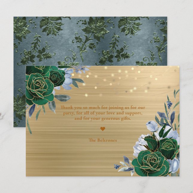 Emerald Green Gold Floral Quinceañera Thankyou Card (Front/Back)