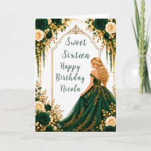 Emerald Green Gold Floral Sweet Sixteen Party Card