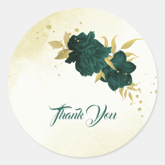 Emerald green gold floral wedding classic round sticker (Front)