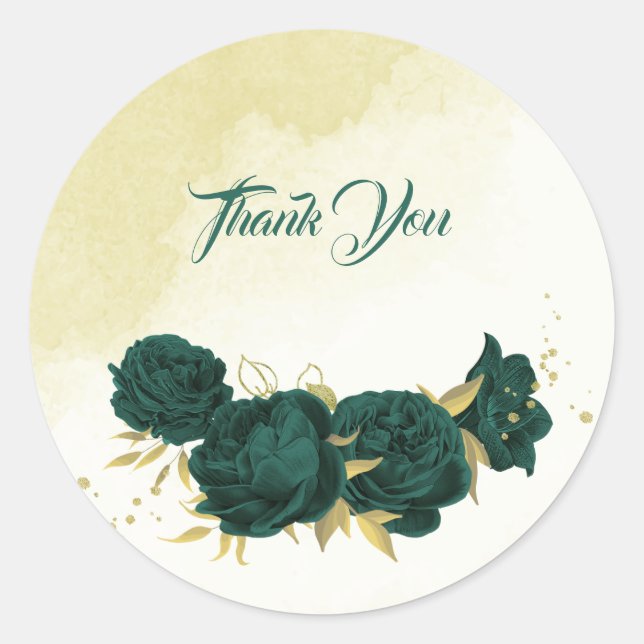Emerald green gold floral wedding classic round sticker (Front)