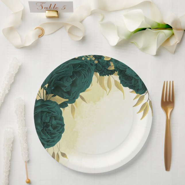 Emerald green gold floral wedding paper plate (Wedding)