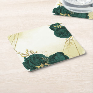 Emerald green gold floral wedding square paper coaster