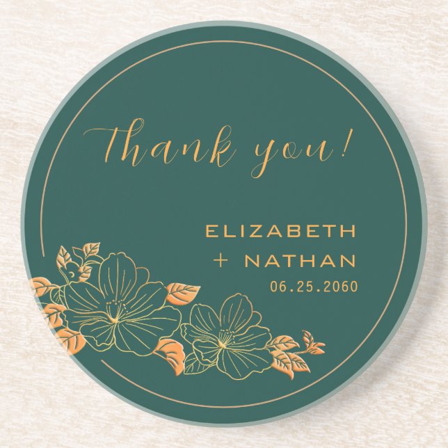 Emerald Green Gold Floral Wedding Thank You Gift Coaster (Front)