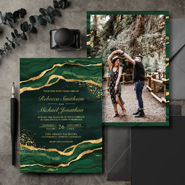 Emerald Green Gold Fluid Ink Photo Wedding Invitation (Creator Uploaded)
