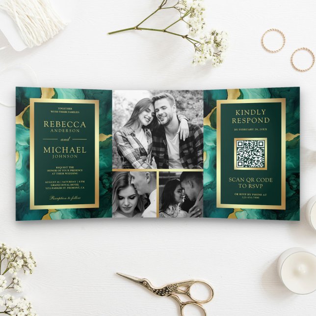Emerald Green Gold Fluid Ink QR Code Wedding Tri-Fold Invitation (Creator Uploaded)
