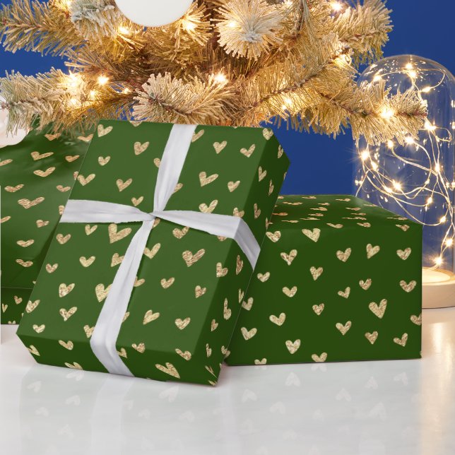Emerald Green Gold Foil Love Hearts Wrapping Paper (Holidays)