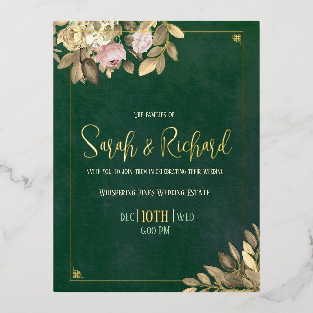 Emerald Green Gold Foil Wedding Invitation Postcard (Front)