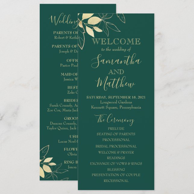 Emerald Green & Gold Foliage Botanical Wedding Program (Front/Back)