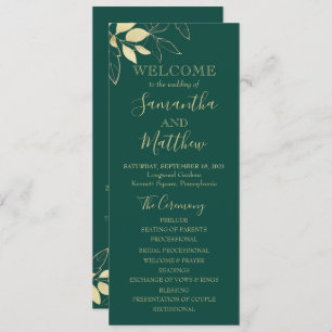 Emerald Green & Gold Foliage Botanical Wedding Program