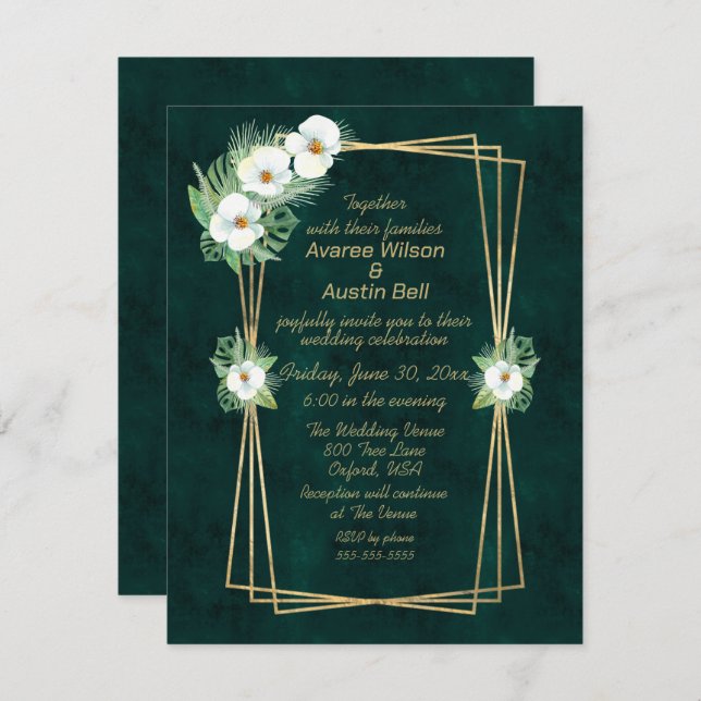Emerald Green Gold Frame Floral Invitation (Front/Back)