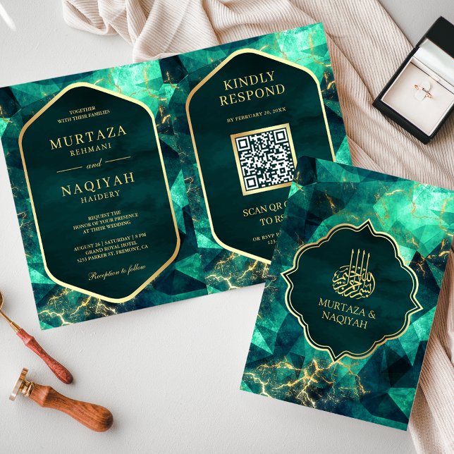 Emerald Green Gold Gemstone QR Code Muslim Wedding Invitation (Creator Uploaded)