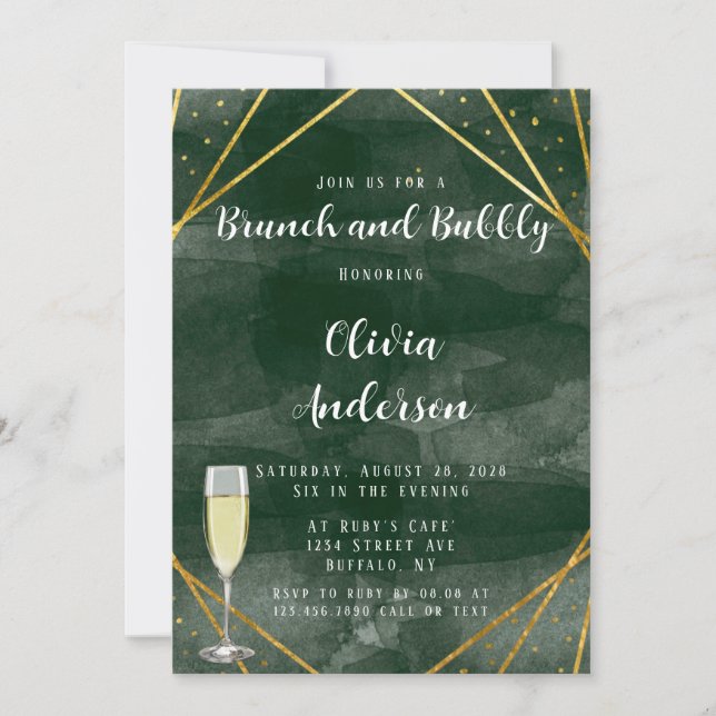 Emerald Green & Gold Geometric Brunch and Bubbly Invitation (Front)