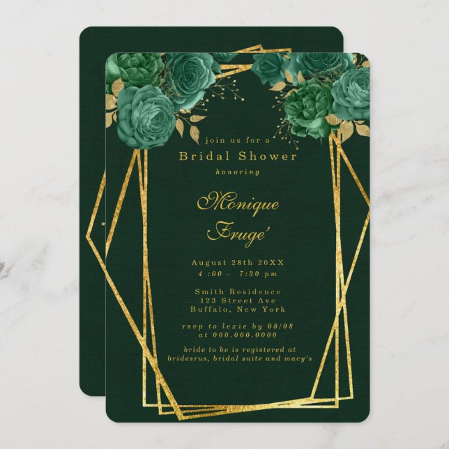 Emerald Green Gold Geometric Floral Bridal Shower Invitation (Front/Back)