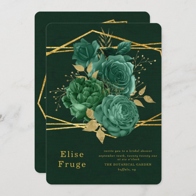 Emerald Green Gold Geometric Floral Bridal Shower Invitation (Front/Back)