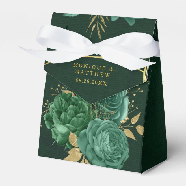 Emerald Green & Gold Geometric Floral Wedding Favo Favor Box (Front Side)