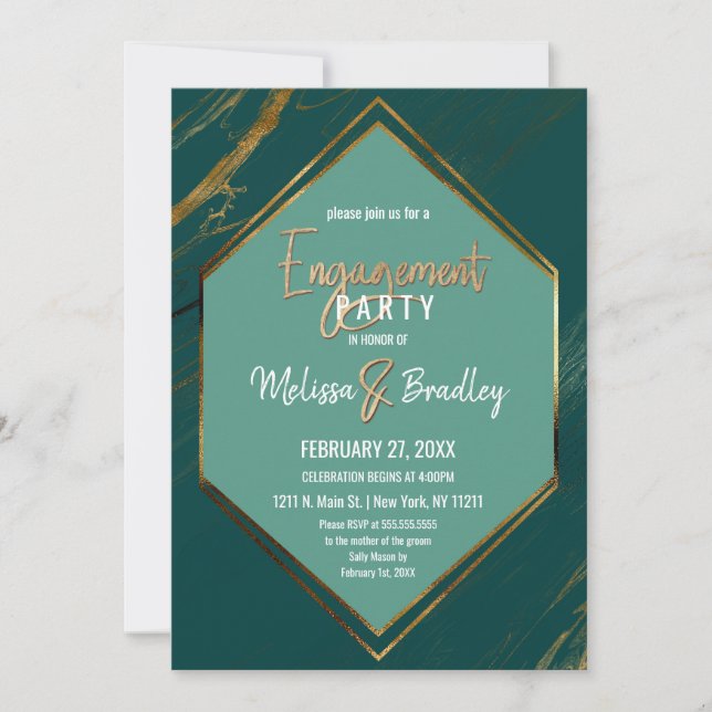 Emerald Green Gold Geometric Marble Engagement Invitation (Front)