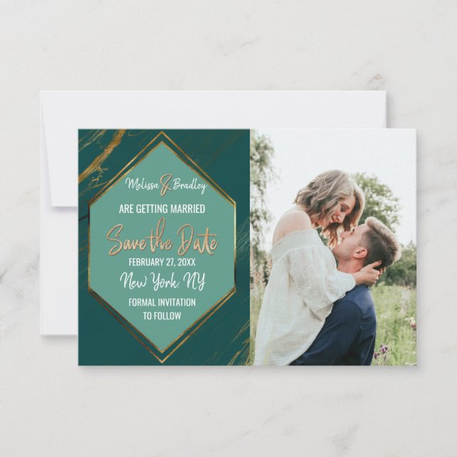 Emerald Green Gold Geometric Marble Save the Date (Front)
