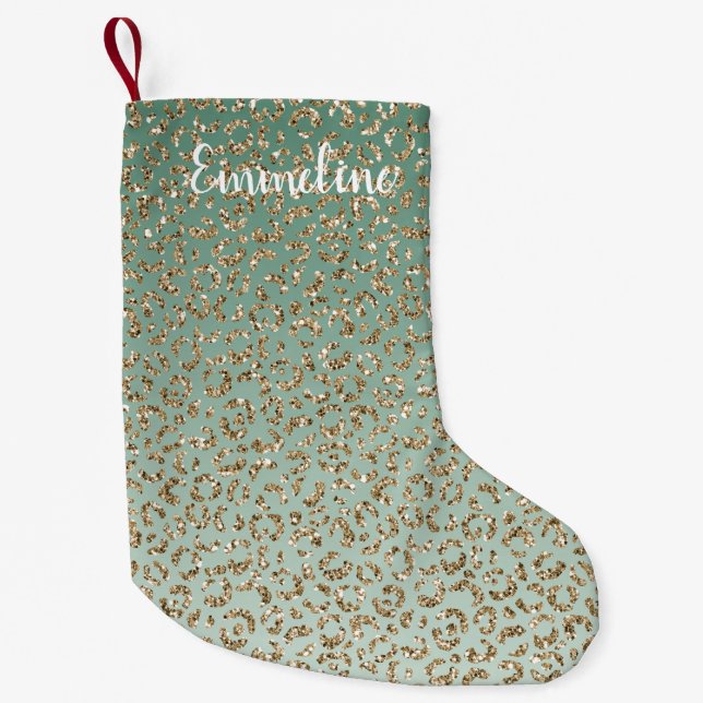 Emerald Green Gold Glam Glitter Leopard Print    Small Christmas Stocking (Front)