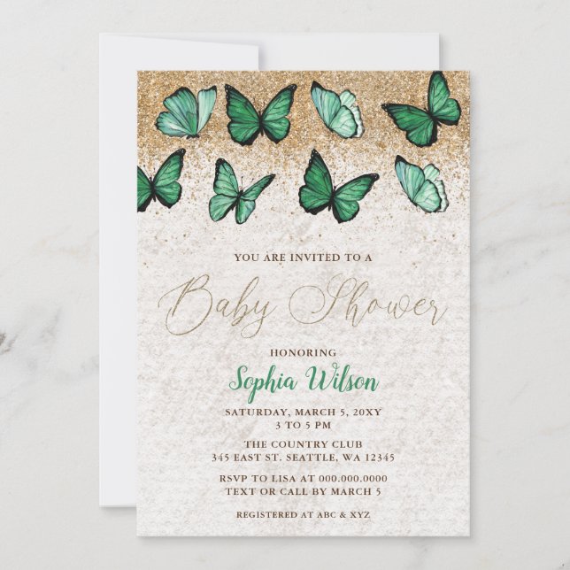 Emerald Green Gold Glitter Butterfly Baby Shower Invitation (Front)