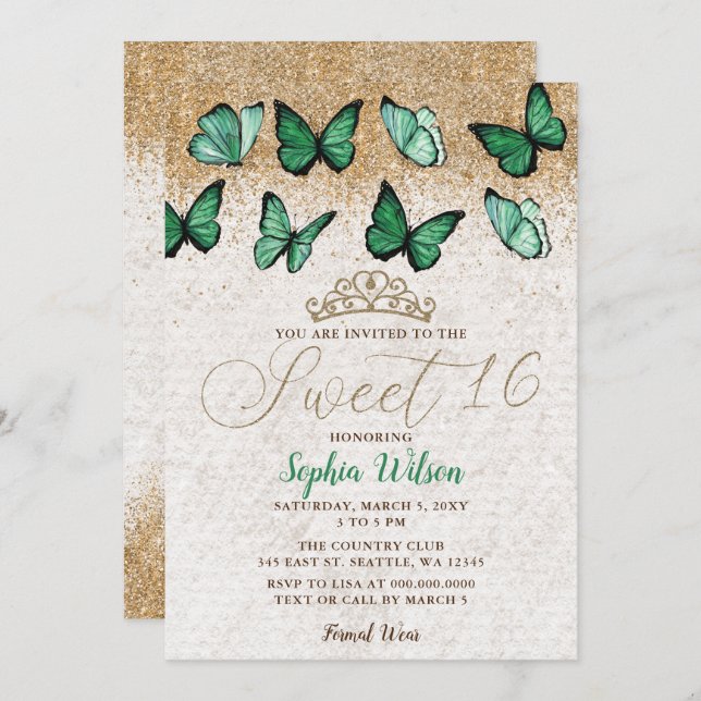 Emerald Green Gold Glitter Butterfly Sweet 16 Invitation (Front/Back)