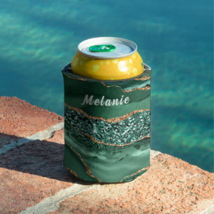 Emerald Green Gold Glitter Can Cooler Custom Name