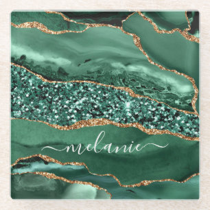 Emerald Green Gold Glitter Coaster Custom Name