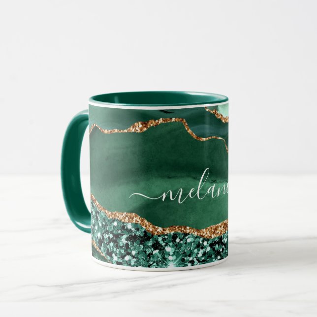  Emerald Green Gold Glitter Custom Name Coffee Mug (Front Left)