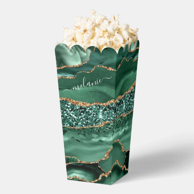 Emerald Green Gold Glitter Custom Name Popcorn Box (Popped)