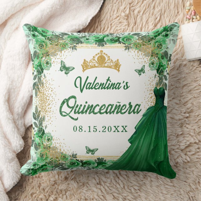 Emerald Green Gold Glitter Floral Quinceanera Throw Pillow (Blanket)