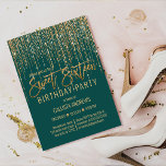 Emerald Green Gold Glitter Fringe Curtain Sweet 16 Invitation<br><div class="desc">This glamourous and luxury Sweet Sixteen birthday party invitation is the perfect design for your young teenage girl's special event. It features a faux sparkly gold glitter fringe curtain with faux glitter typography on top of a simple emerald green background. It's an elegant, chic, trendy, and modern bling design with...</div>