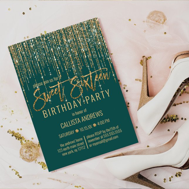 Emerald Green Gold Glitter Fringe Curtain Sweet 16 Invitation (Creator Uploaded)
