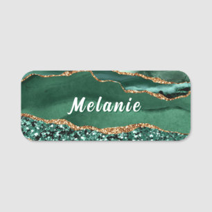 Emerald Green Gold Glitter Marble Custom Name Tag