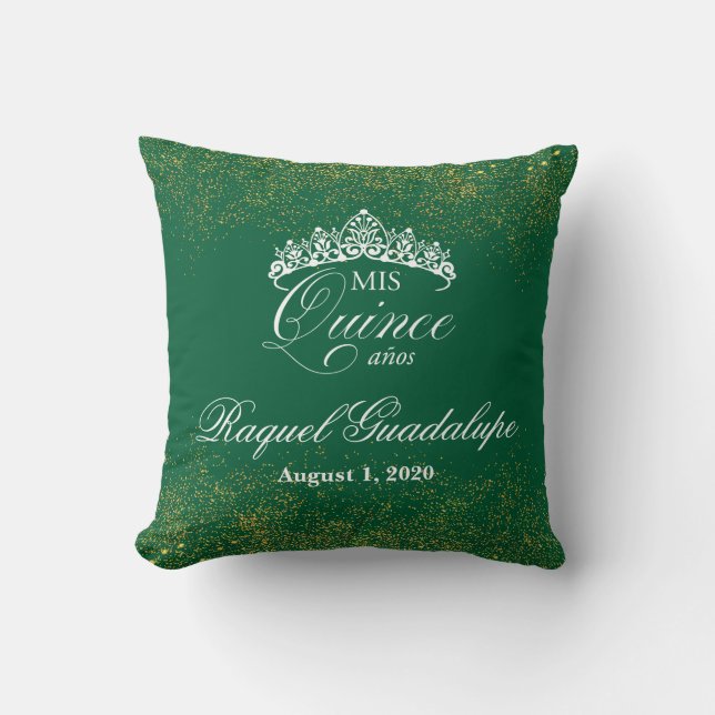 Emerald Green & Gold Glitter Mis XV 16" Pillow (Front)