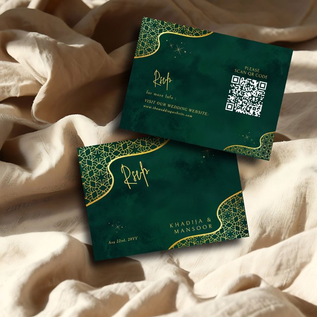 Emerald Green Gold Glitter QR code Wedding RSVP Enclosure Card (Creator Uploaded)