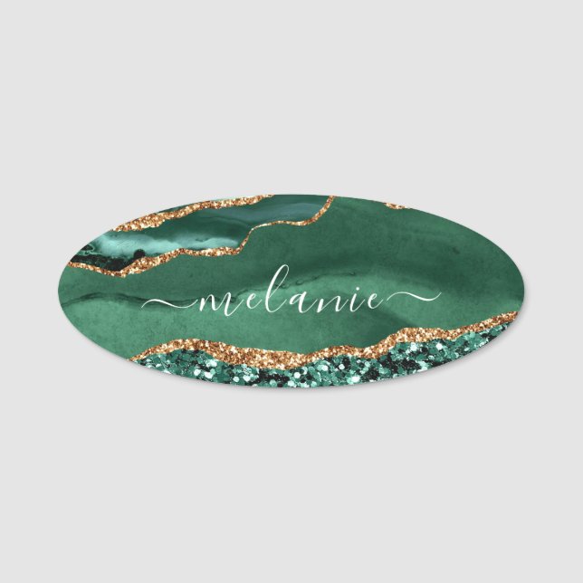 Emerald Green Gold Glitter Sparkly Marble Name Tag (Front)