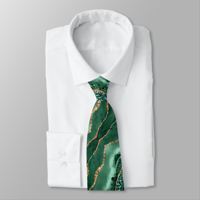 Emerald Green Gold Glitter Sparkly Marble Neck Tie (Tied)